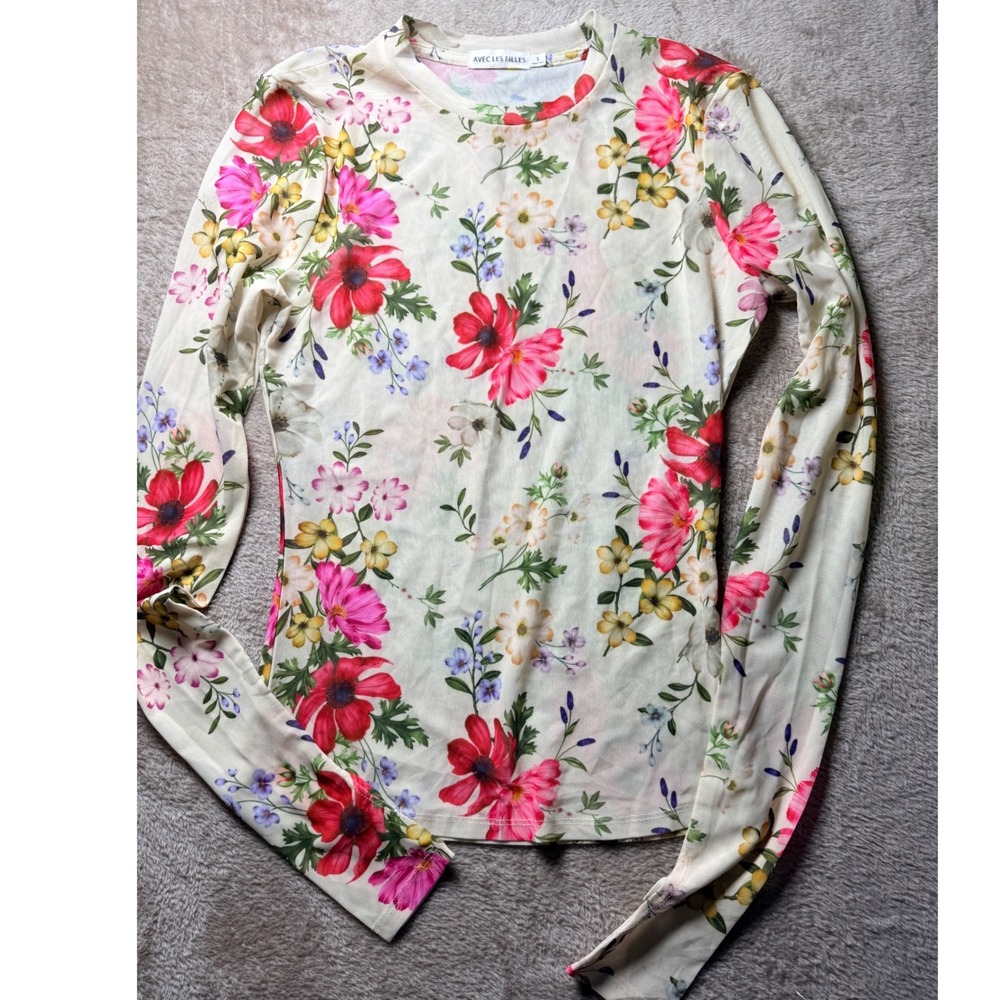 Avec Les Filles Womens Floral Mesh Long Sleeve Top Small Cottagecore Feminine